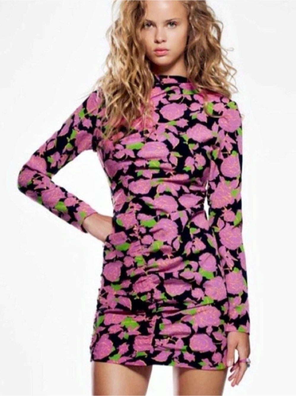 Zara Pink Floral Ruched Mini Dress Black & Pink XS
